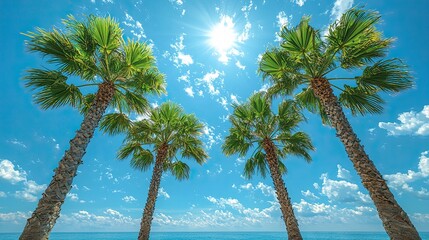 Palm trees reach towards a bright sun in a clear blue sky over a tranquil ocean setting
