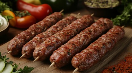 An outdoor scene of kebabs skewered and ready for grilling, arranged on a wooden table surrounded by fresh vegetables and spices for an inviting feel.