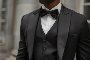 Close up of a businessman wearing an elegant black suit with bow tie, exuding confidence and style