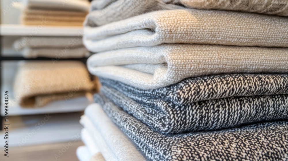 Poster neatly stacked textiles in a cozy interior setting showcasing various textures and colors