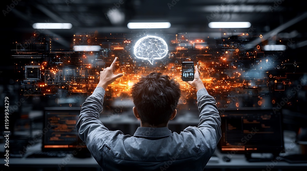 Poster man using ai app, data visualization, tech office, future tech