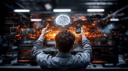 Man using AI app, data visualization, tech office, future tech