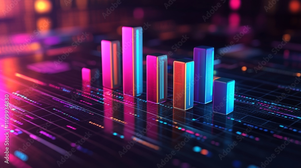 Poster a d bar graph with bright, glossy bars in multiple colors, representing financial data with an abstr