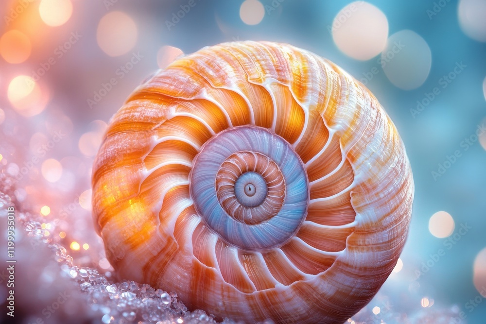 Poster beautiful spiral seashell resting on a sparkling surface with a soft bokeh background in bright colo