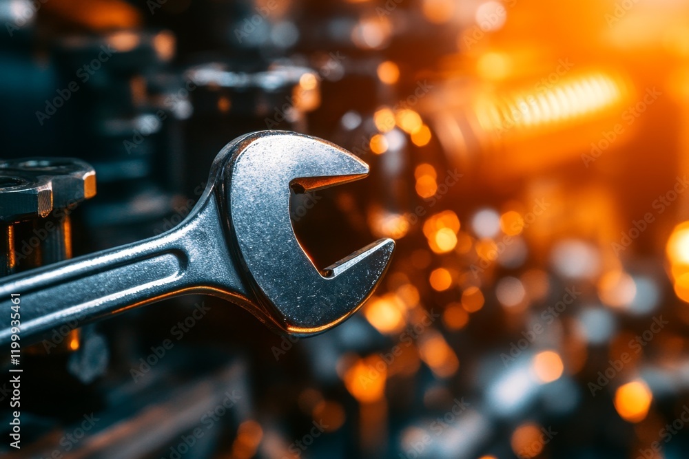 Poster a heavy-duty wrench hanging from a belt loop of an industrial worker, set in a rugged factory enviro