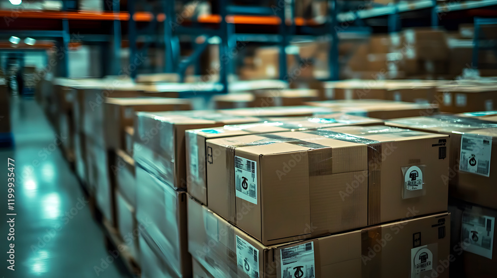 Poster close-up of packed crates and boxes, each marked with pill symbols, ready for dispatch in a sterile 