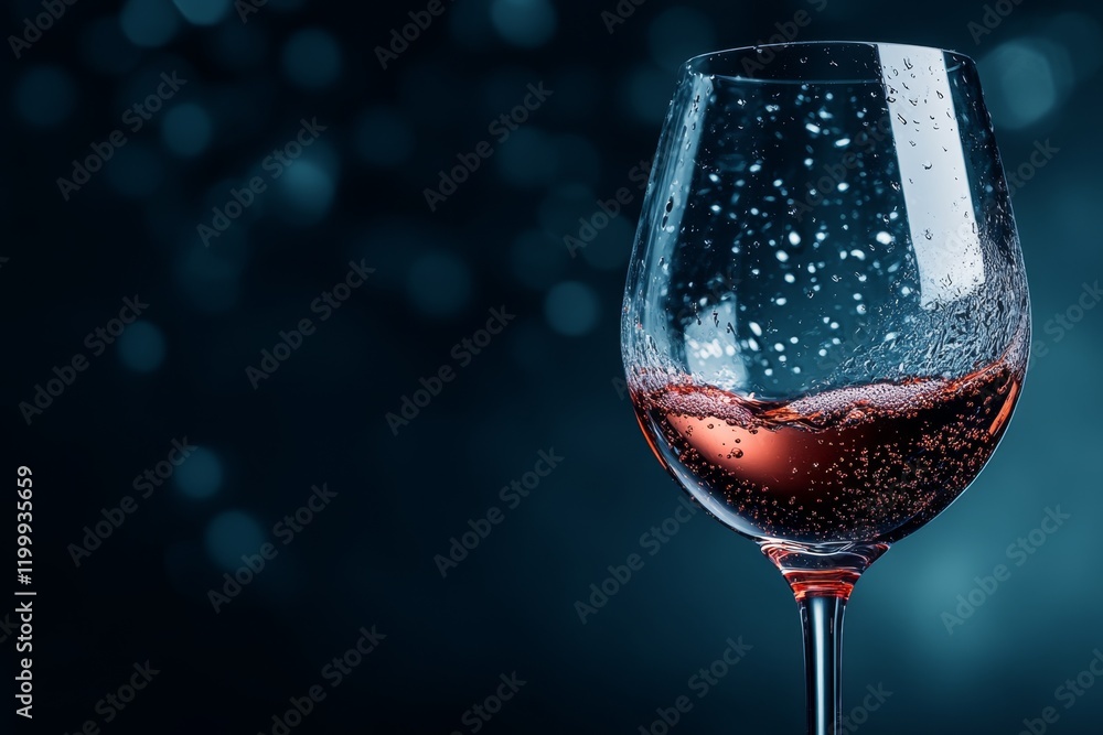 Poster a hyper-realistic close-up of a wine glass with condensation droplets, showing the intricate reflect