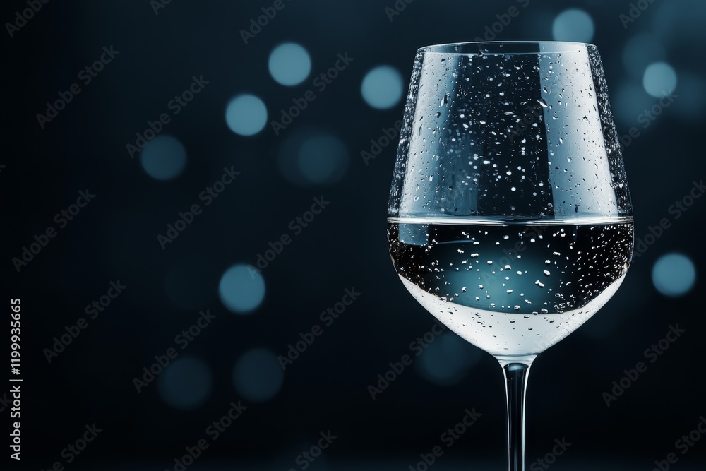 Poster a hyper-realistic close-up of a wine glass with condensation droplets, showing the intricate reflect