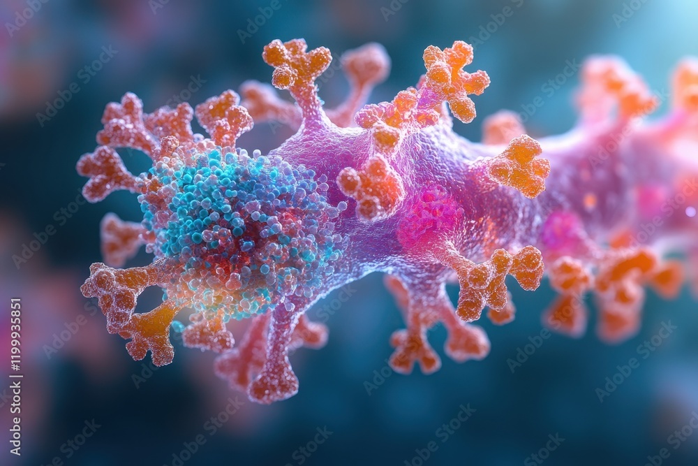 Poster close-up view of a vibrant virus structure highlighting its complex design and textures under micros