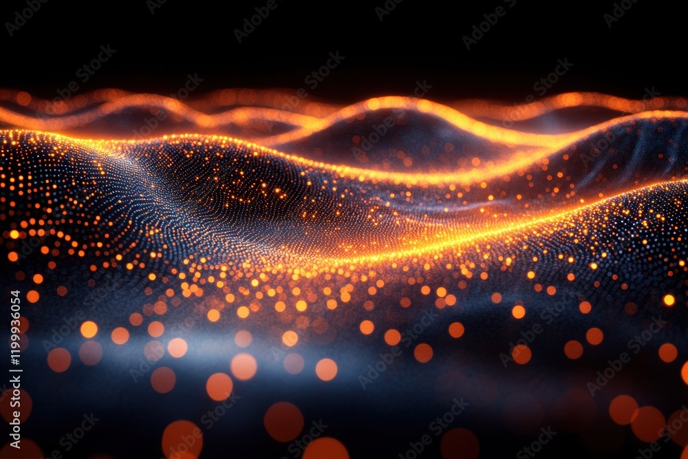 Poster abstract representation of glowing waves with particles set against a dark background