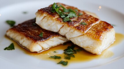 A beautifully presented fried seabass on a white plate, drizzled with golden fish sauce and garnished with fresh herbs, capturing the simplicity and elegance of Thai food