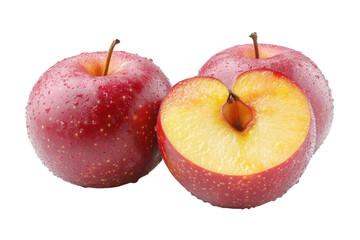 Fresh red apples with dew, whole and sliced, showcasing their juiciness and vibrant color