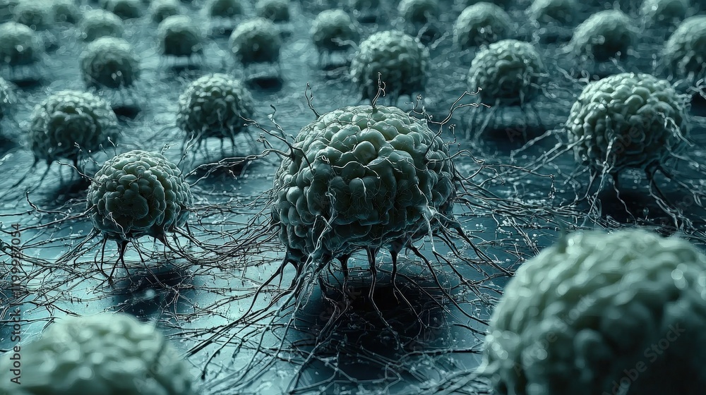 Poster microscopic view of dendritic cells extending dendrites. ideal for scientific visualizations, educat
