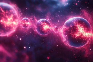 Obraz premium Mysterious cosmic spheres illuminating the vastness of space with vibrant colors and dynamic energy