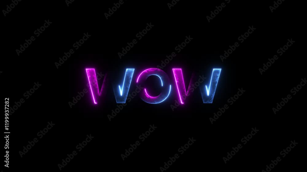 Poster wow neon sign animation. glowing neon lines wow text animation on black background. seamless loop. n
