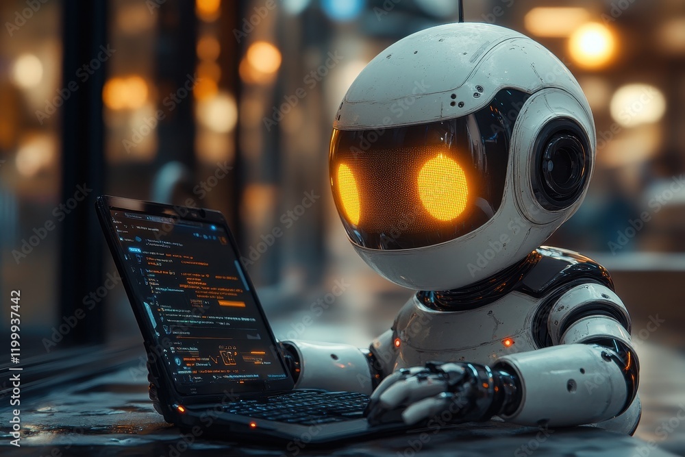 Poster robot engages in programming activity at a modern workspace during the evening hours