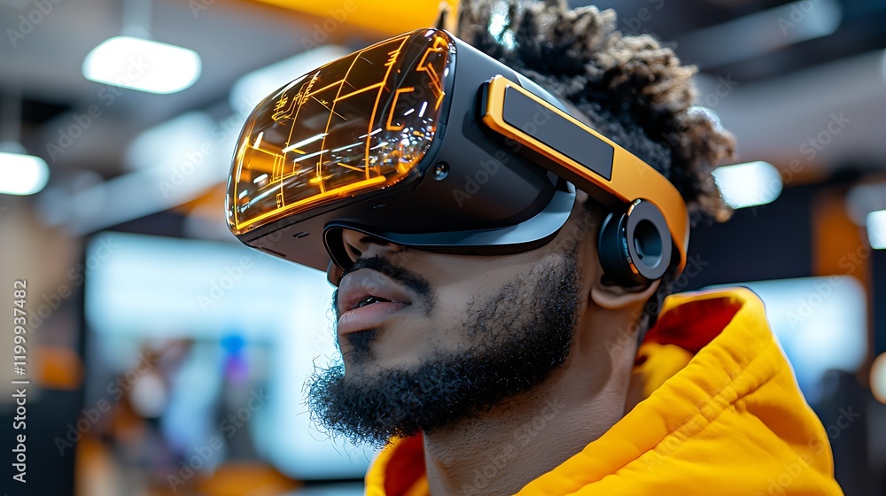Poster man using vr headset, exploring virtual world in tech expo
