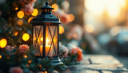 Cozy evening lantern amidst glowing flowers and warm sunset ambiance