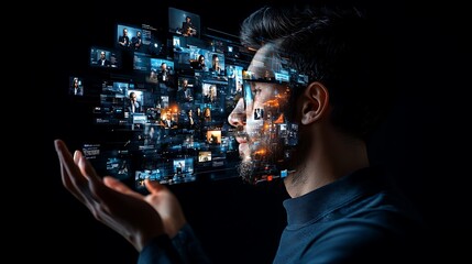 Man viewing data stream, futuristic tech, dark background, digital content, stock photo
