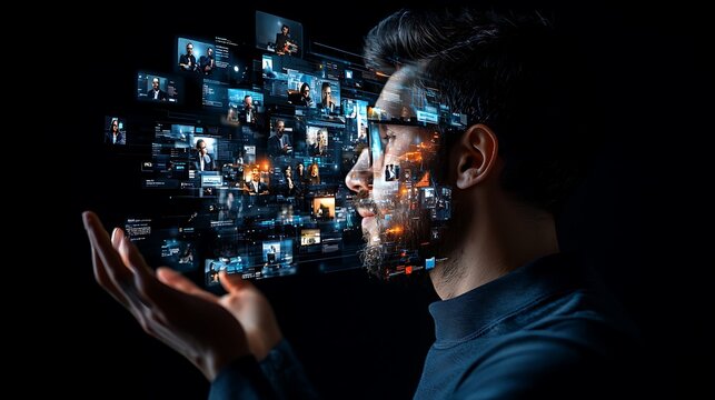 Man viewing data stream, futuristic tech, dark background, digital content, stock photo - Powered by Adobe