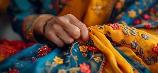 Fototapeta premium Close up of a hand holding the edge of a yellow fabric with embroidered flowers