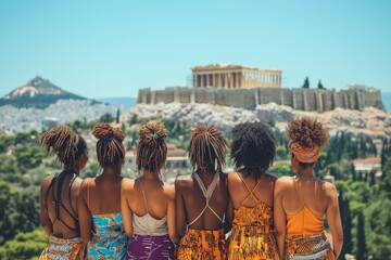 Friends exploring ancient history in Athens while admiring the Parthenon and enjoying a sunny day together