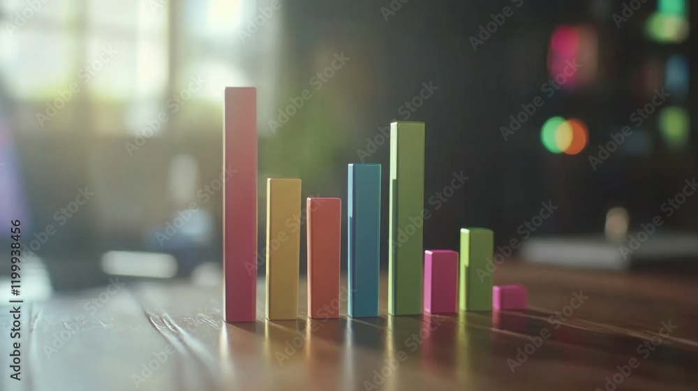 Poster a clean and sharp financial bar graph with colorful bars, displaying growth trends over time on a hi