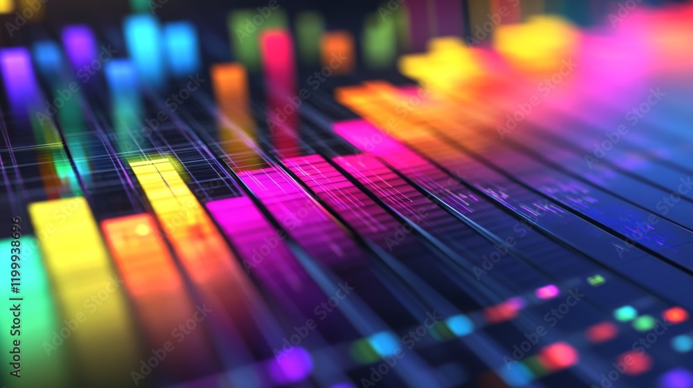 Fototapete A clean, modern D bar graph with light reflections and sharp edges, showing market fluctuations in vivid colors with a sleek design