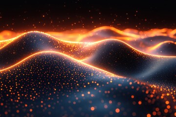 Fototapeta premium Undulating waves of glowing particles illuminated by a vibrant orange glow against a dark backdrop