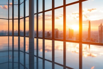 Fototapeta premium A minimalist large glass window in a modern office building, with a panoramic view of skyscrapers under a clear sky