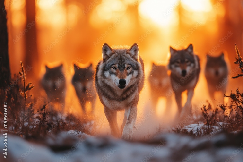 Poster A pack of wolves running through a dense forest at dawn, with light filtering through the trees