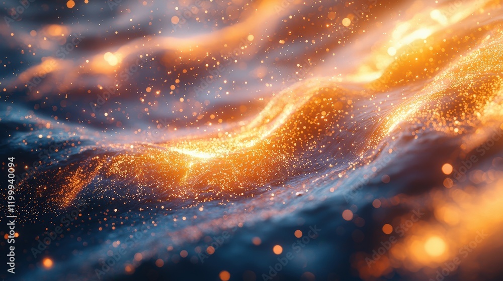 Poster a mesmerizing swirl of golden particles dances across a dark backdrop. perfect for ethereal backgrou