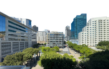 Fototapeta premium Cape town city center isolated on white transparent sky. High rise buildings and green spaces. South Africa.