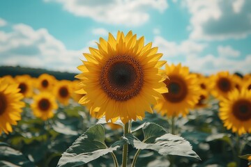 Fototapeta premium Bright sunflowers bloom in a vibrant field under a blue sky with fluffy clouds on a sunny day