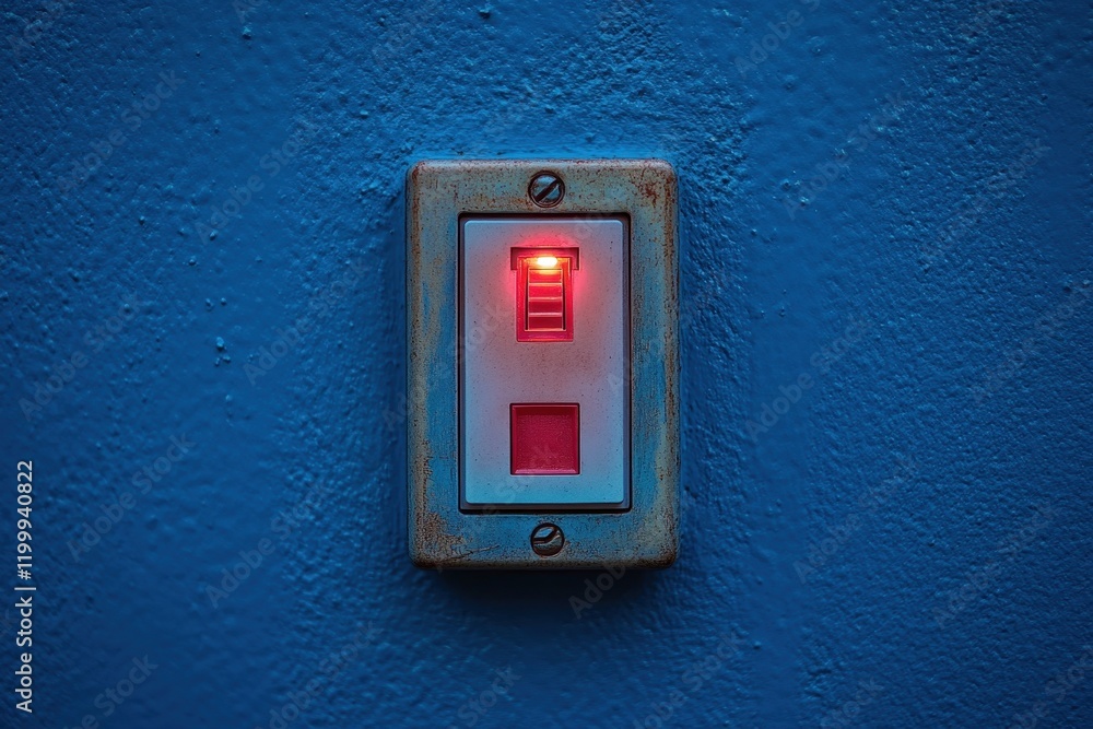 Aufkleber red switch mounted on a blue wall with distinct texture marks in an industrial setting