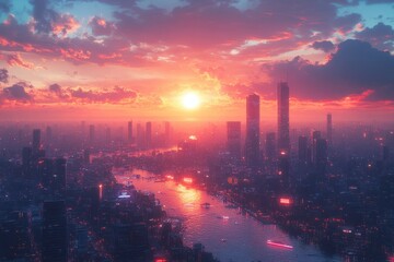 Obraz premium Vibrant sunset over a bustling city skyline reflecting on the river