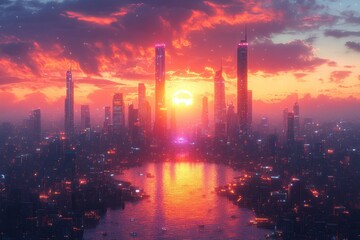 Stunning sunset view of a futuristic city skyline with vibrant colors over a calm river in the evening