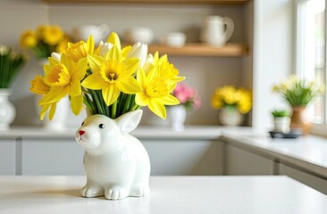 Decorative bunny vase with vibrant daffodils in a cozy kitchen setting