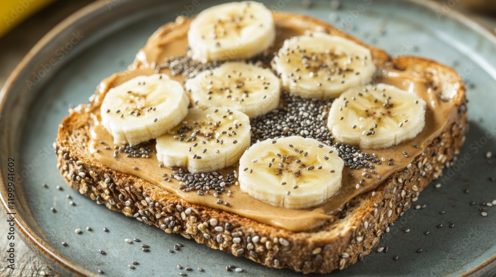 Poster A close-up of a slice of whole grain toast topped with peanut butter and banana slices, sprinkled with chia seeds, showcasing a nutritious snack option.