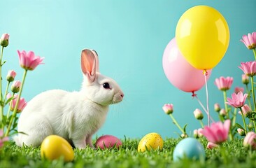 White rabbit surrounded by colorful eggs and balloons in a cheerful spring garden