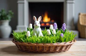 Charming spring decoration with a bunny among flowers and fireplace ambiance