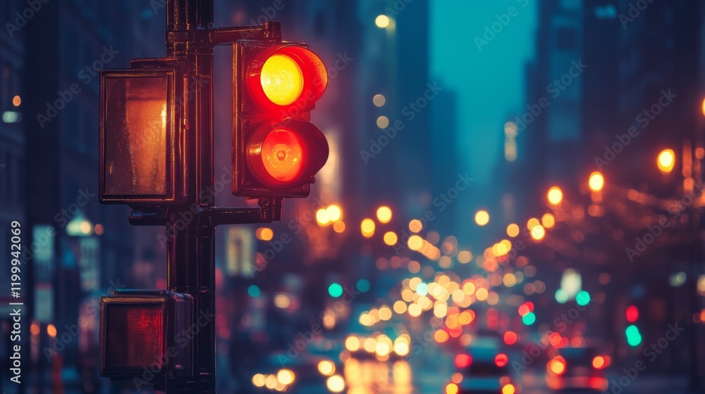 Aufkleber A close-up of a traffic light showing the red signal, illuminated against a dark city background with glowing street lights creating a dramatic urban setting