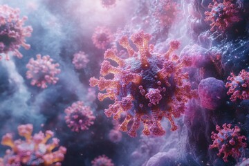 Fototapeta premium Microscope view of colorful virus structures highlighting the complexity of viral biology in a lab setting
