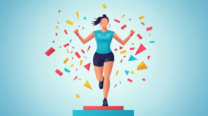 female athlete celebrates victory on podium, surrounded by colorful confetti. Her joyful expression and dynamic pose convey triumph and achievement