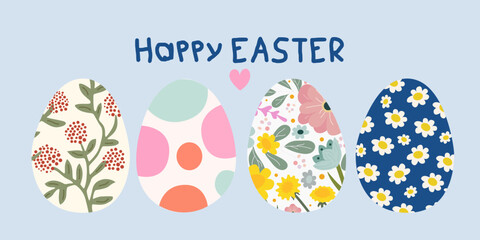 Happy Easter set of greeting cards, posters, holiday covers. Set of Easter eggs with different textures. Spring holiday. Easter eggs and flowers. Easter day design elements for seasonal holiday