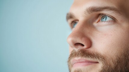 Fototapeta premium Facial skin problems concept. Portrait of a thoughtful man gazing upward with a serene expression against a light background.