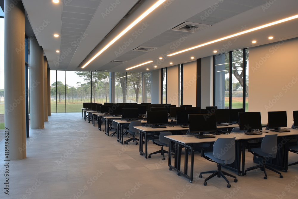 Poster modern computer lab with large windows and desks in a spacious environment