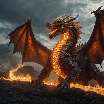 A colossal fire dragon roars as it soars through the sky, its scales glinting like molten gold. Its massive wings create gusts of hot air, while flames flicker and dance along its body.