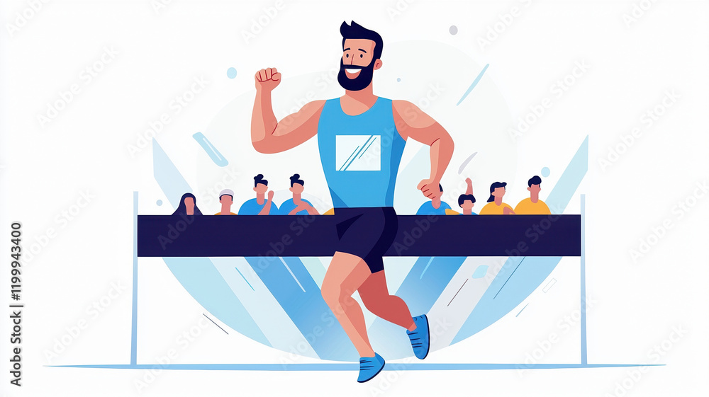 Poster man crossing finish line in race, showcasing determination and joy. spectators cheer in background, 