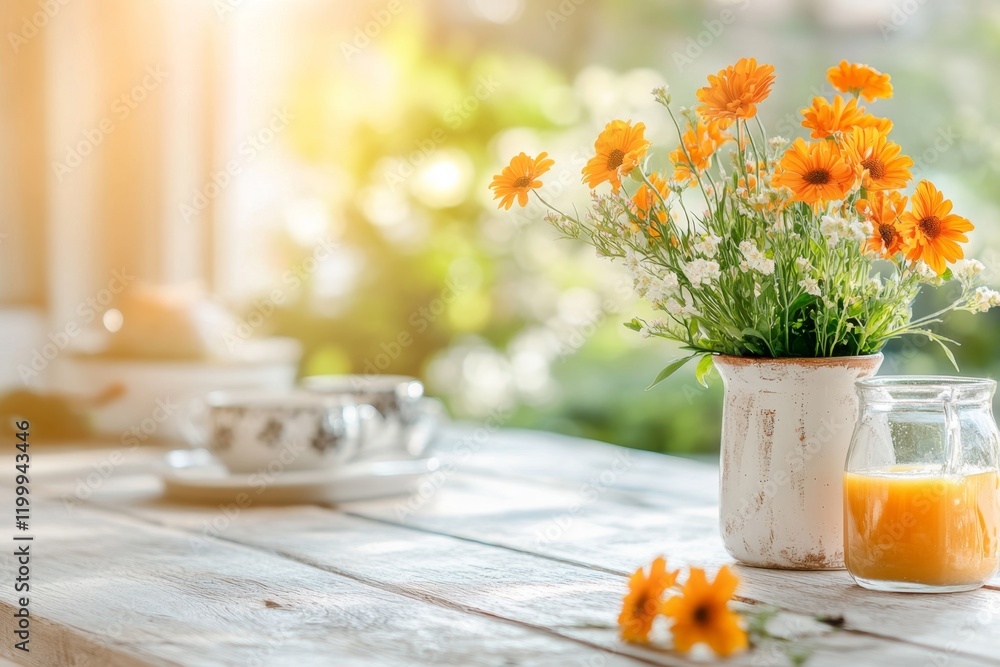 Poster a rustic wooden table with visible grain patterns, set in a cozy farmhouse kitchen with soft natural